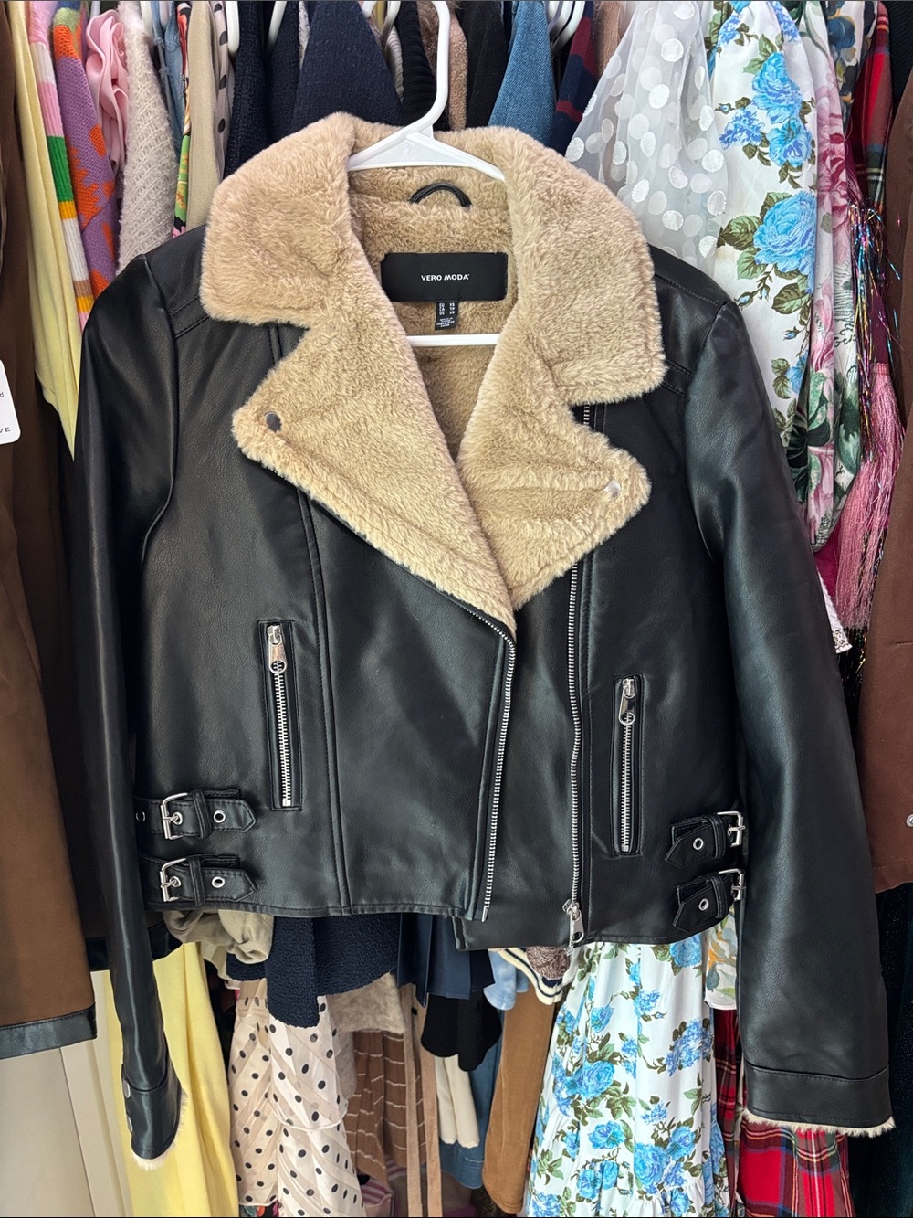 Vero Moda Black Faux Leather Biker Jacket with Beige Faux-Shearling Collar